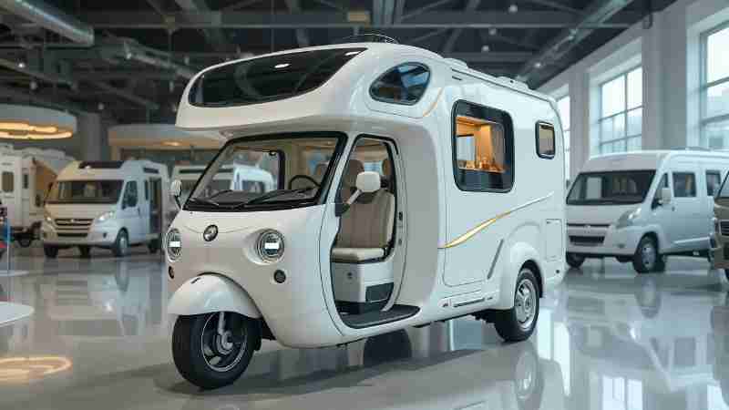 The 2025 Electric RV Camper is here, and it's redefining the way we explore the great outdoors! With zero emissions, a 400-mile range, and solar-powered technology, this camper is built for adventure  - Digital concept art for illustrative purpose, tags: caravans - Monok